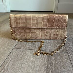 Cynthia Rowley Tan Crocodile-Embossed Clutch with Gold Chain